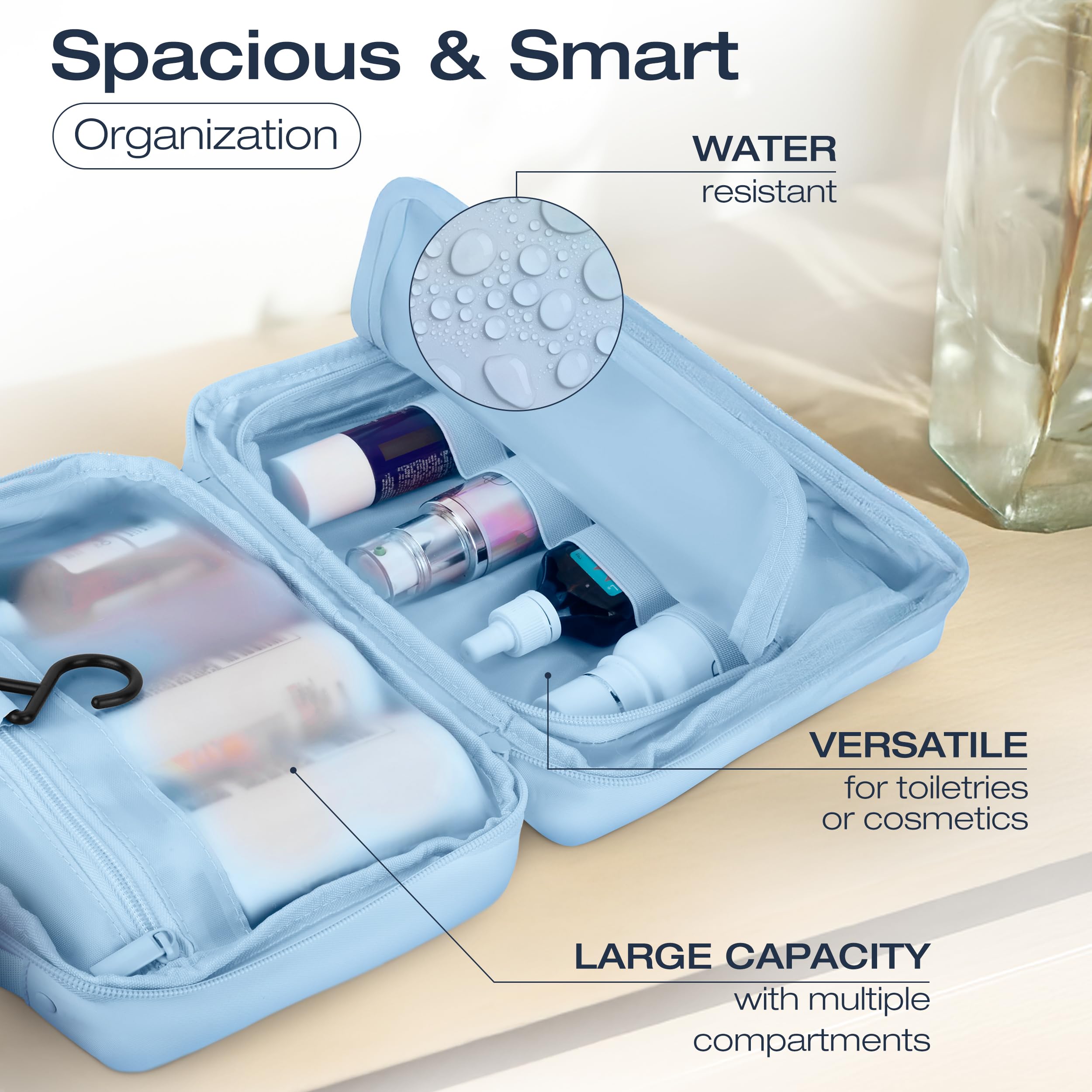 KAZAY Hanging Toiletry Bag with TSA Approved Detachable Pouch, Travel Toiletry Bag, Water Resistant, Premium Nylon, Travel Size Toiletries, Cosmetic Bag, Unisex (Light Blue)