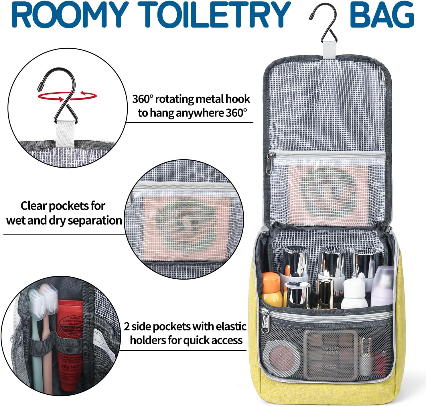 Travel Hanging Toiletry bag for Men & Women, Water-resistant Sturdy Nylon Toiletries Organizer for Cosmetics, Makeup Brushes, Shaving Tools, Bathroom Bag, Yellow