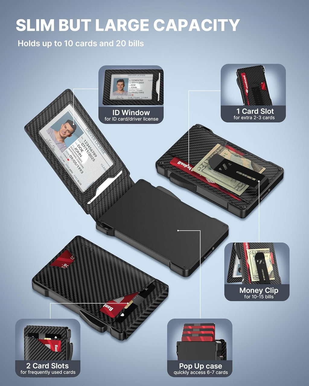 typecase Tactical Wallet for Men Card Holder: Pop Up Card Case, Genuine Leather, Smart, RFID Blocking, Slim, Minimalist, Thin, Front Pocket - 9-13 Card Capacitiy, ID Window, Money Clip (Carbon Fiber)