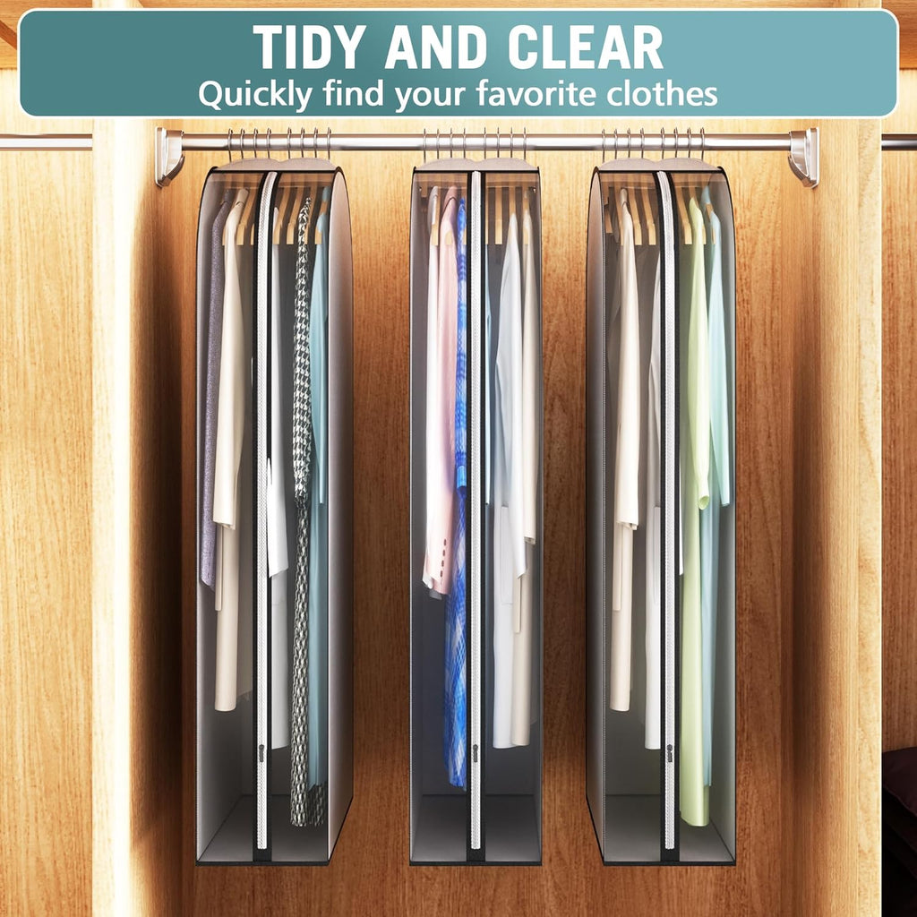 10" Gusseted Garment Bags for Hanging Clothes 50" Suit Bags for Open Closet Storage, Side Clear Clothing Cover for Coat, Dress, Jacket, Shirt, Fur Wardrobe Protector, 3 Packs, Grey