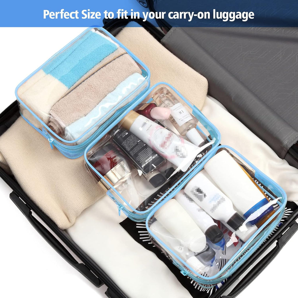 PACKISM 3 Pack TSA Approved Clear Toiletry Bags, Quart Size, Travel Makeup Cosmetic Bag for Women Men, Carry On Airport Airline Compliant, Light Blue