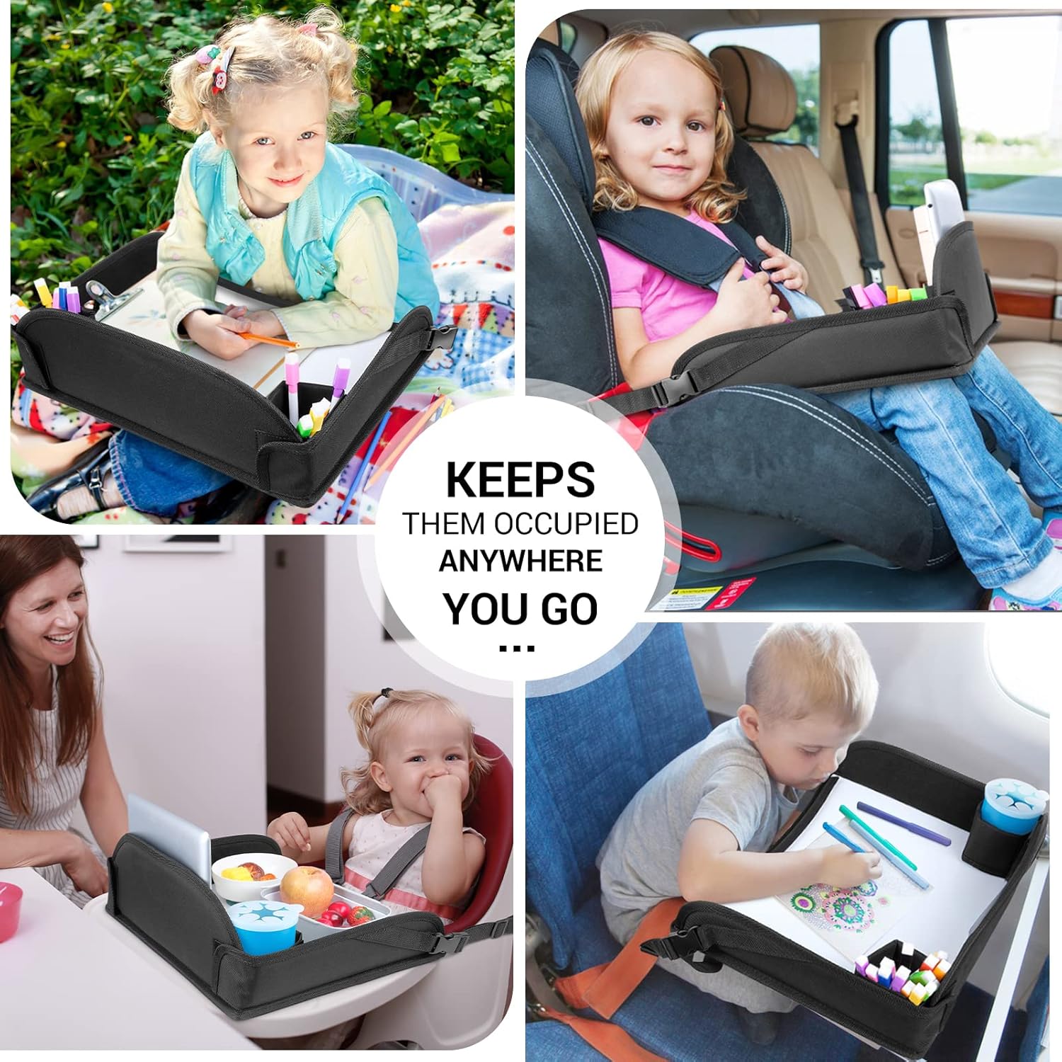 COOLBEBE Kids Travel Tray for Toddler Car Seat, Travel Tray for Airplane, Toddler Car Seat Lap Tray, Carseat Table Tray for Kids Travel Activities (Black-1)