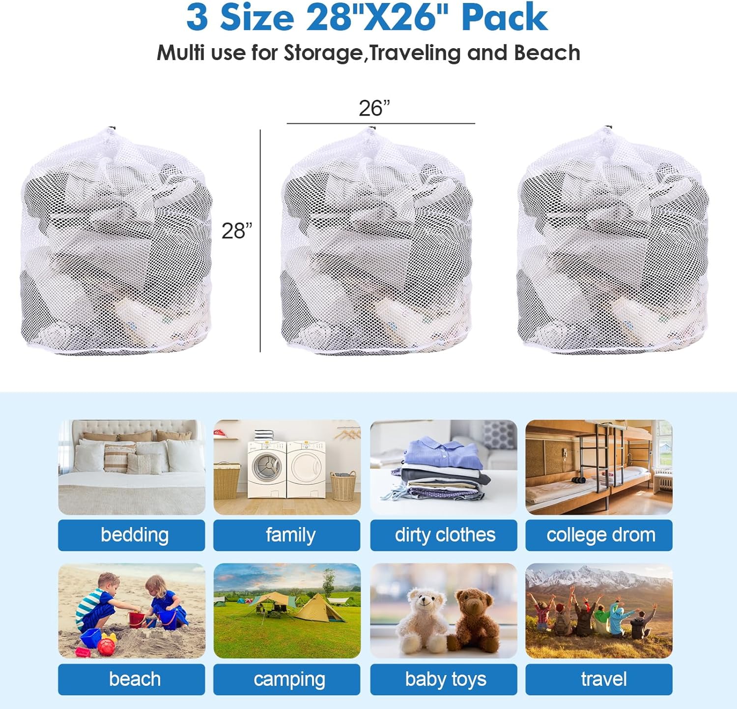3Pcs Mesh Laundry Bags Washing Machine Mesh Wash Bags Jumbo for Delicates Clothes,Bed Linen,Toys with Drawstring Closure Sturdy(3 XXLarge 28 x 26 Inches)