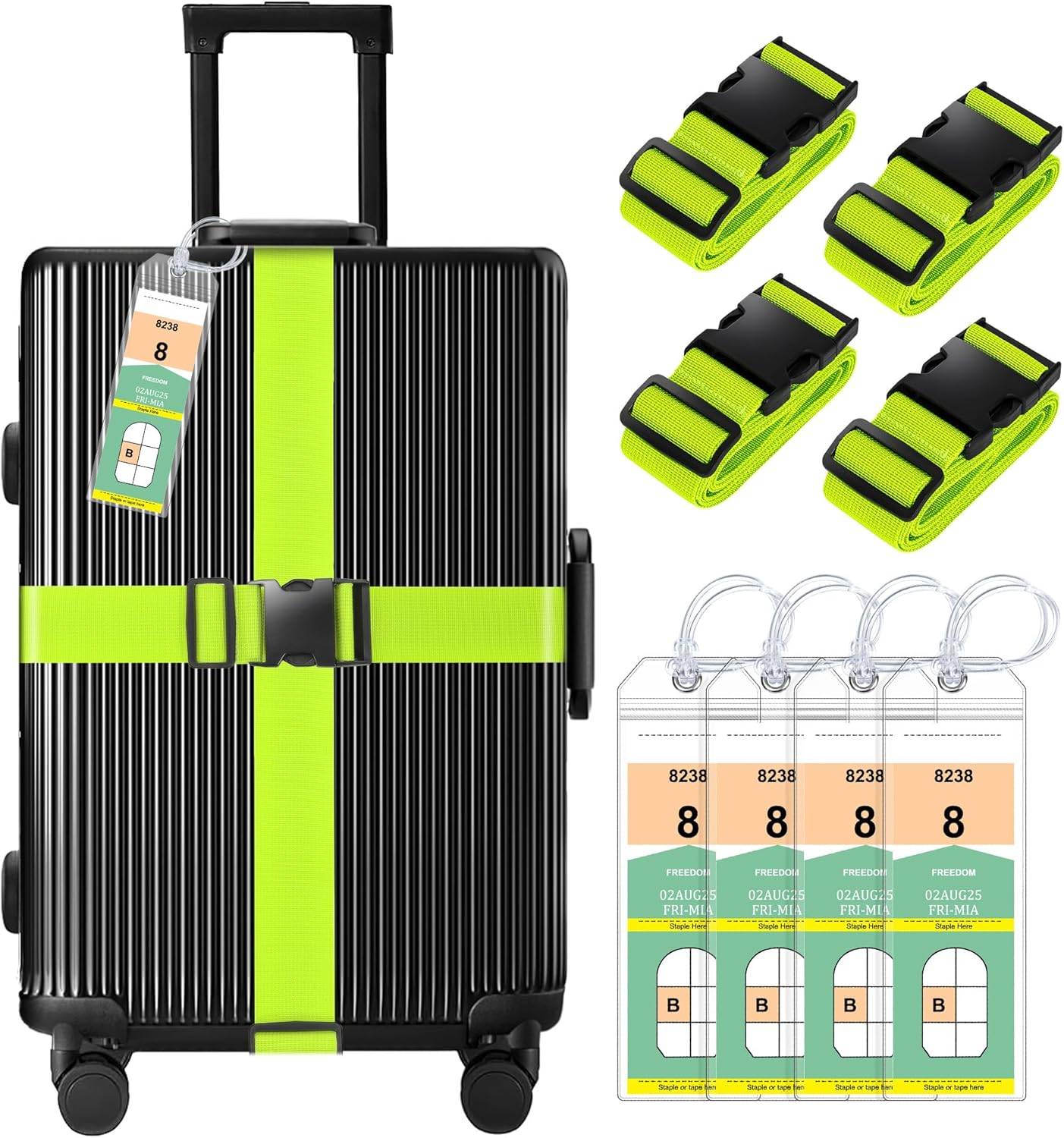 8 Pack Luggage Straps and Cruise Luggage Tags Set (4 Straps, 4 Narrow Tags), Luggage Straps for Suitcases TSA Approved Suitcase Tags, Green