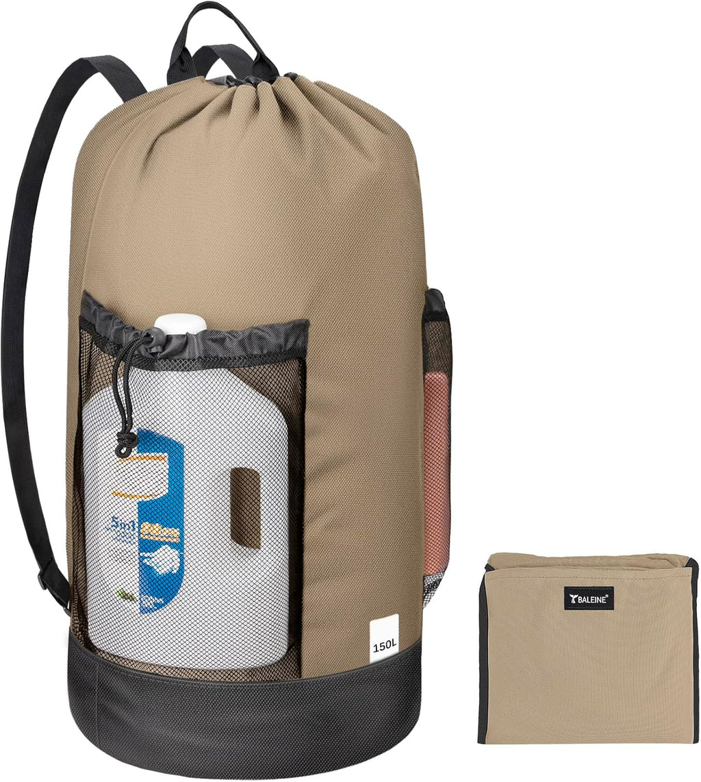 BALEINE 150L Laundry Bag Backpack, 900D Oxford Fabric Large Travel Laundry Bags with Shoulder Straps and 2 Mesh Pockets for College Dorm, Apartment, Laundromat (Khaki, 150L)