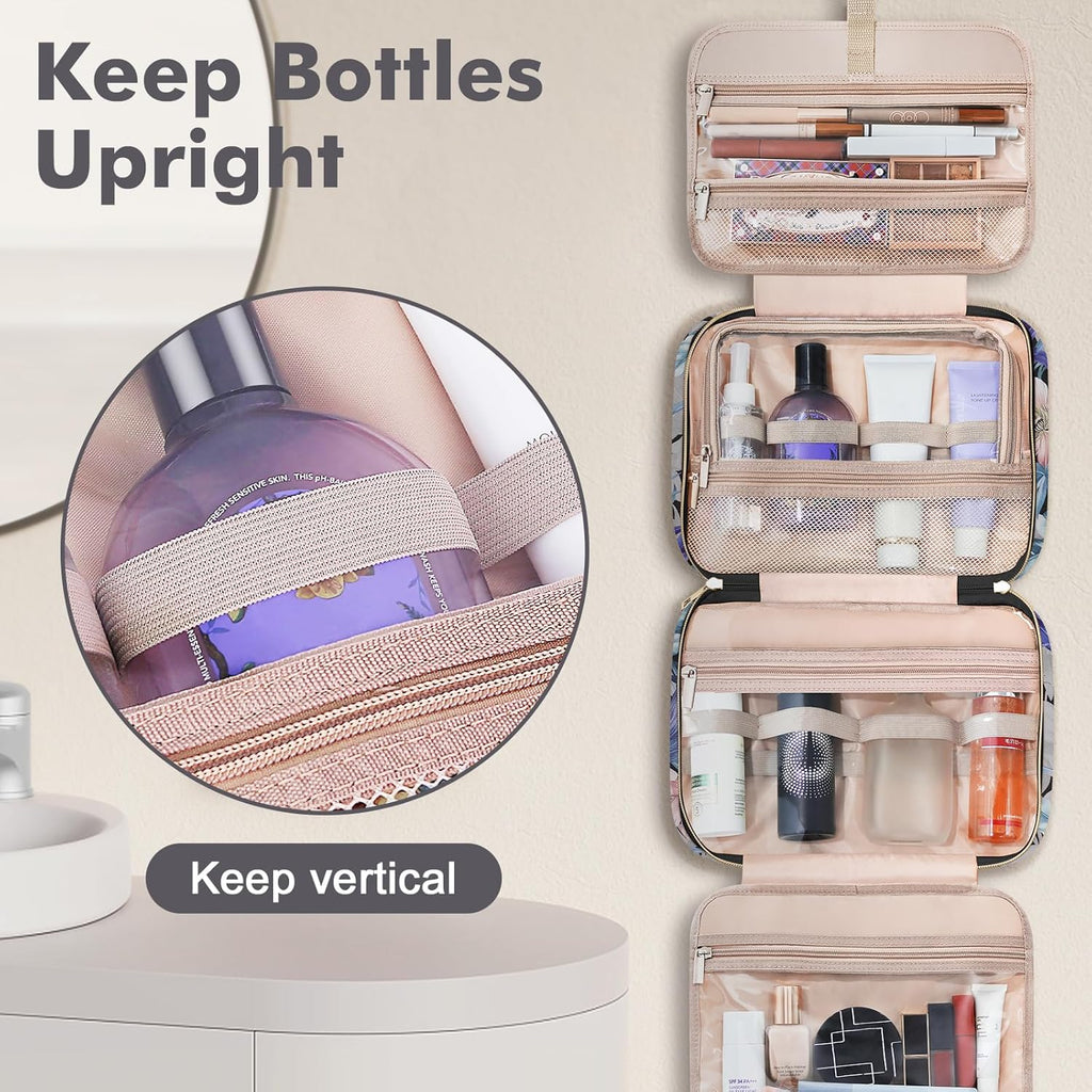 Wedama Toiletry Bag for Women, Large Cosmetic Travel Bag, Hanging Toiletry Bag for Bathroom, PVC Waterproof Makeup Bag, Toiletries Bag for Travel Business Trips and Camping, Black+Brown Floral