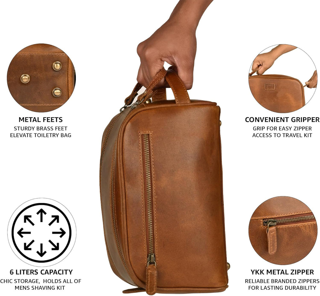 LEATHER VILLAGE Premium Leather Toiletry Travel Pouch With Waterproof Lining - Sun Tan | King-Size Handcrafted Vintage Dopp Kit Bag