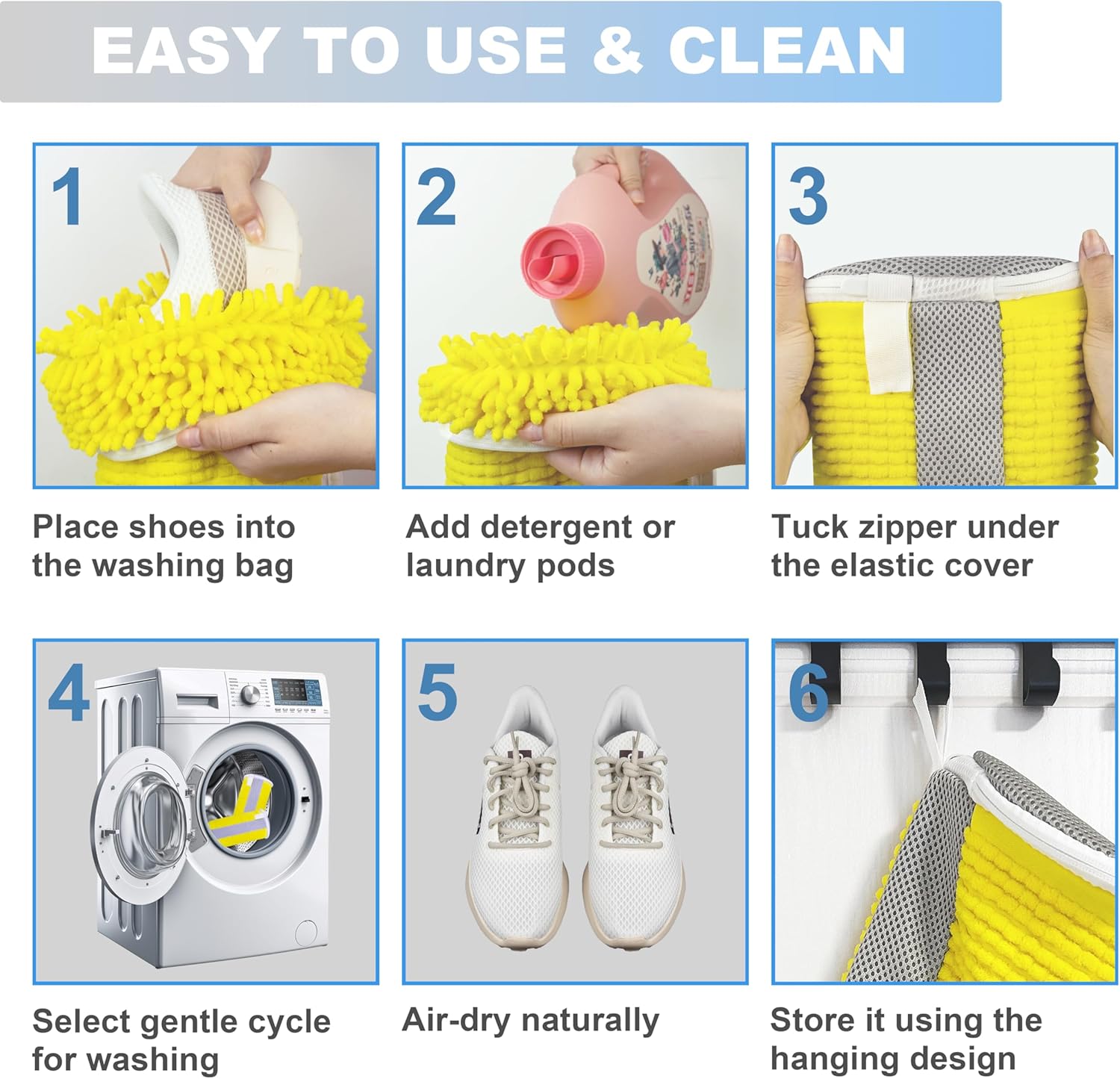 Shoe Washing Machine Bag – 360° Deep Clean Sneaker Laundry Bag with Cleaning Fibers and Zipper, Reusable Shoe Bag for Washing Machine, 2 Pack