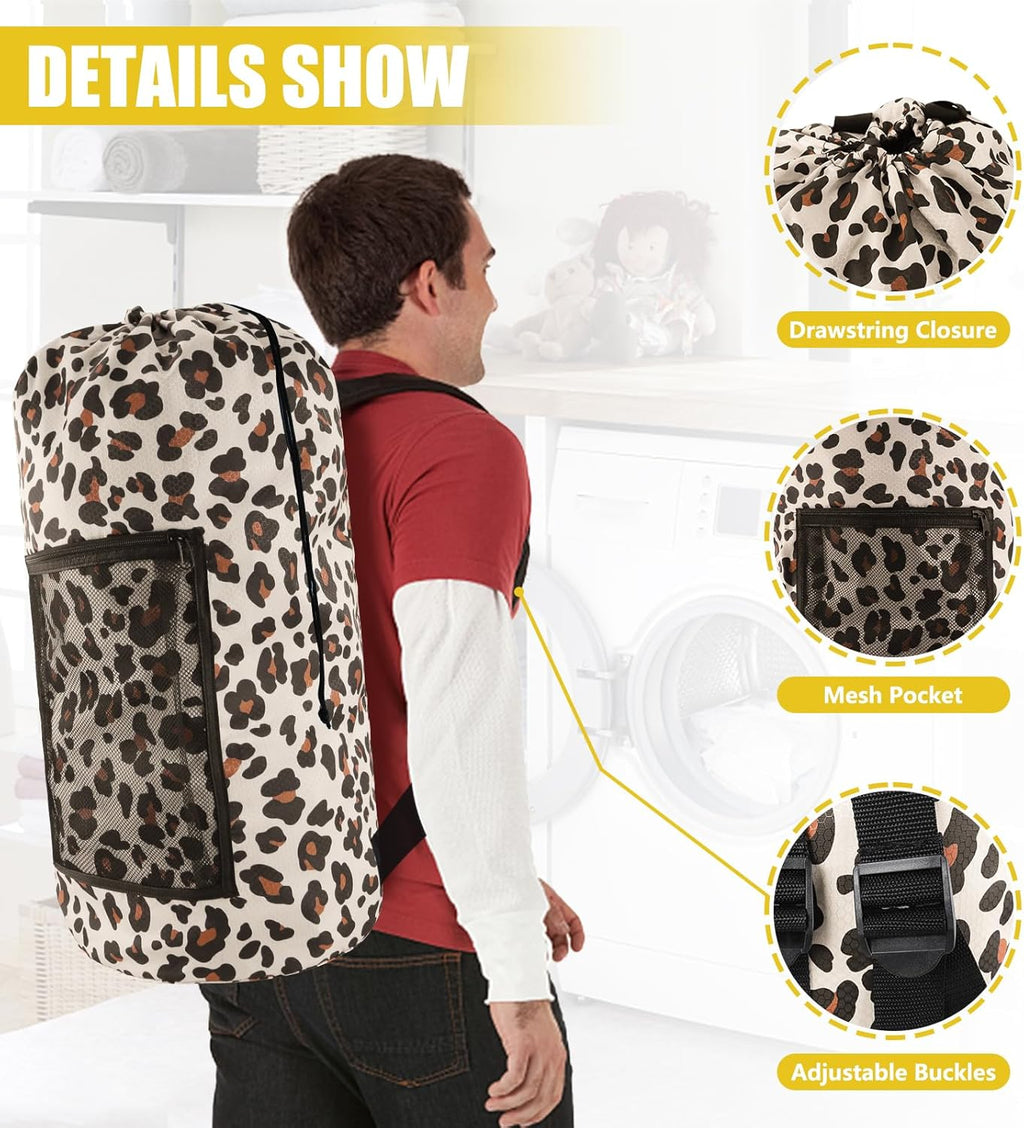 Laundry Bag Backpack, Extra Large Travel Laundry Bag with Mesh Pocket & Adjustable Shoulder Straps,Dirty Clothes Travel Bag for College Students Dorm,Apartment(Leopard Print)