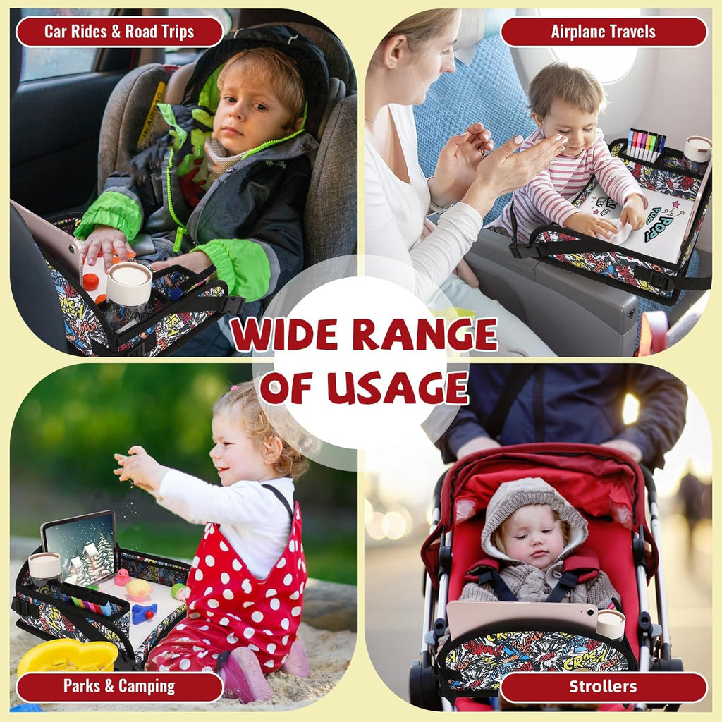 Kids Travel Tray for Airplane - Toddler Car Seat Table Tray, Road Trip Essentials for Boys & Girls, Carseat Lap Desk for Kids Road Trip Activities, Graffiti