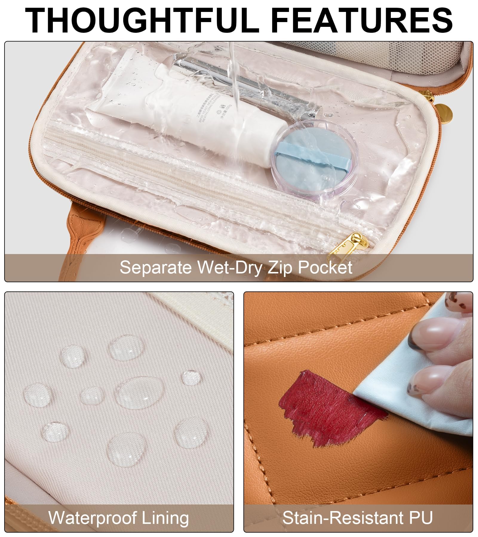 Bagstellar Travel Makeup Bag, Large Capacity Quilted Toiletry Bag for Women Stand-up Cosmetic Bag Open Flat Make Up Case Organizer Portable Pouch Purse w/Handle for Traveling Accessories Beige Floral