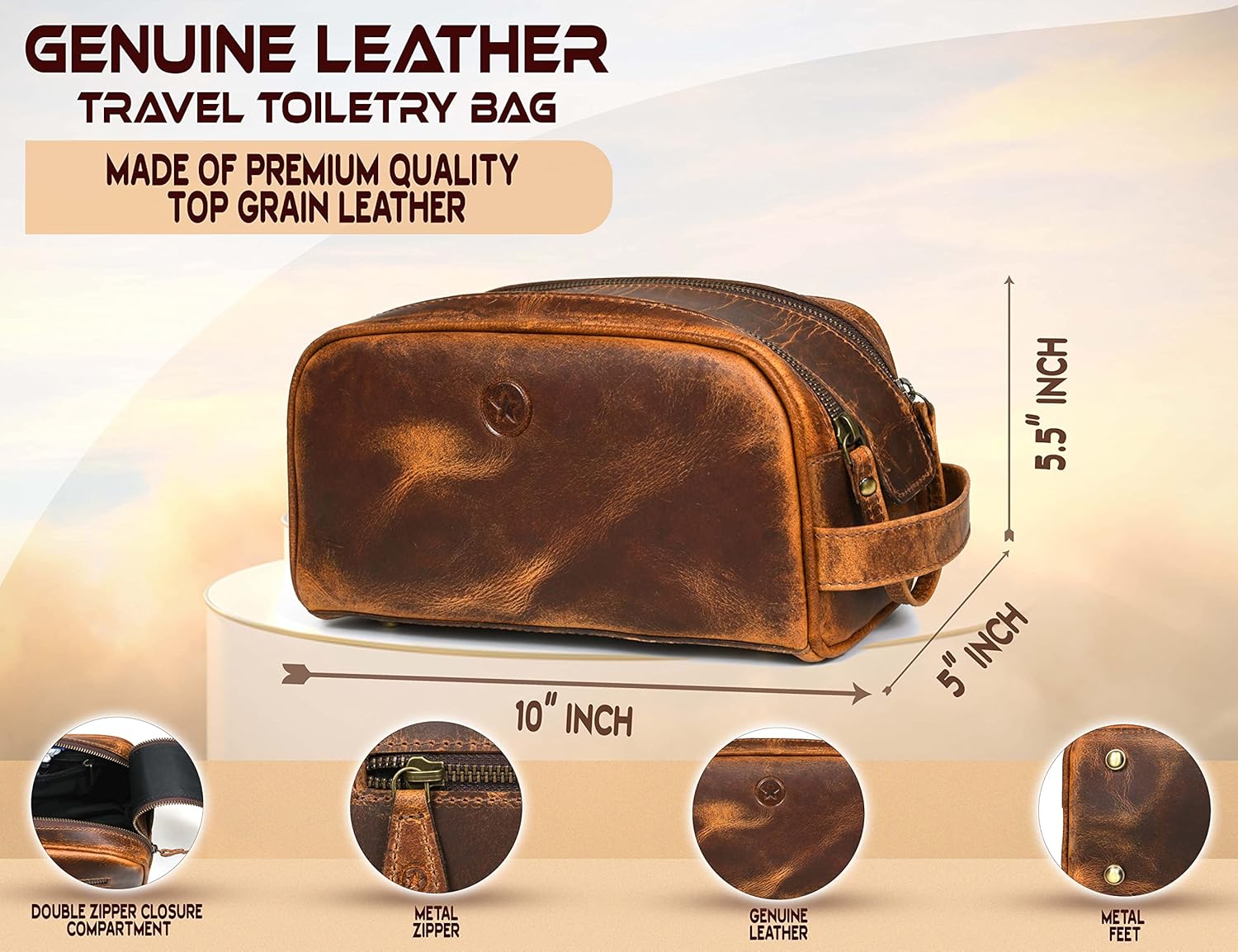 10" Premium Leather Toiletry Travel Pouch With Waterproof Lining | King-Size Handcrafted Vintage Dopp - Kit ~ Gift for Father's Day By Aaron Leather Goods (Copper)