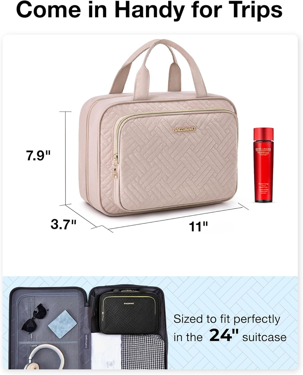 BAGSMART Travel Toiletry Bag Hanging Travel Makeup Organizer Cosmetic Bag Makeup Bag for Full Sized Toiletries, Basic-Pink