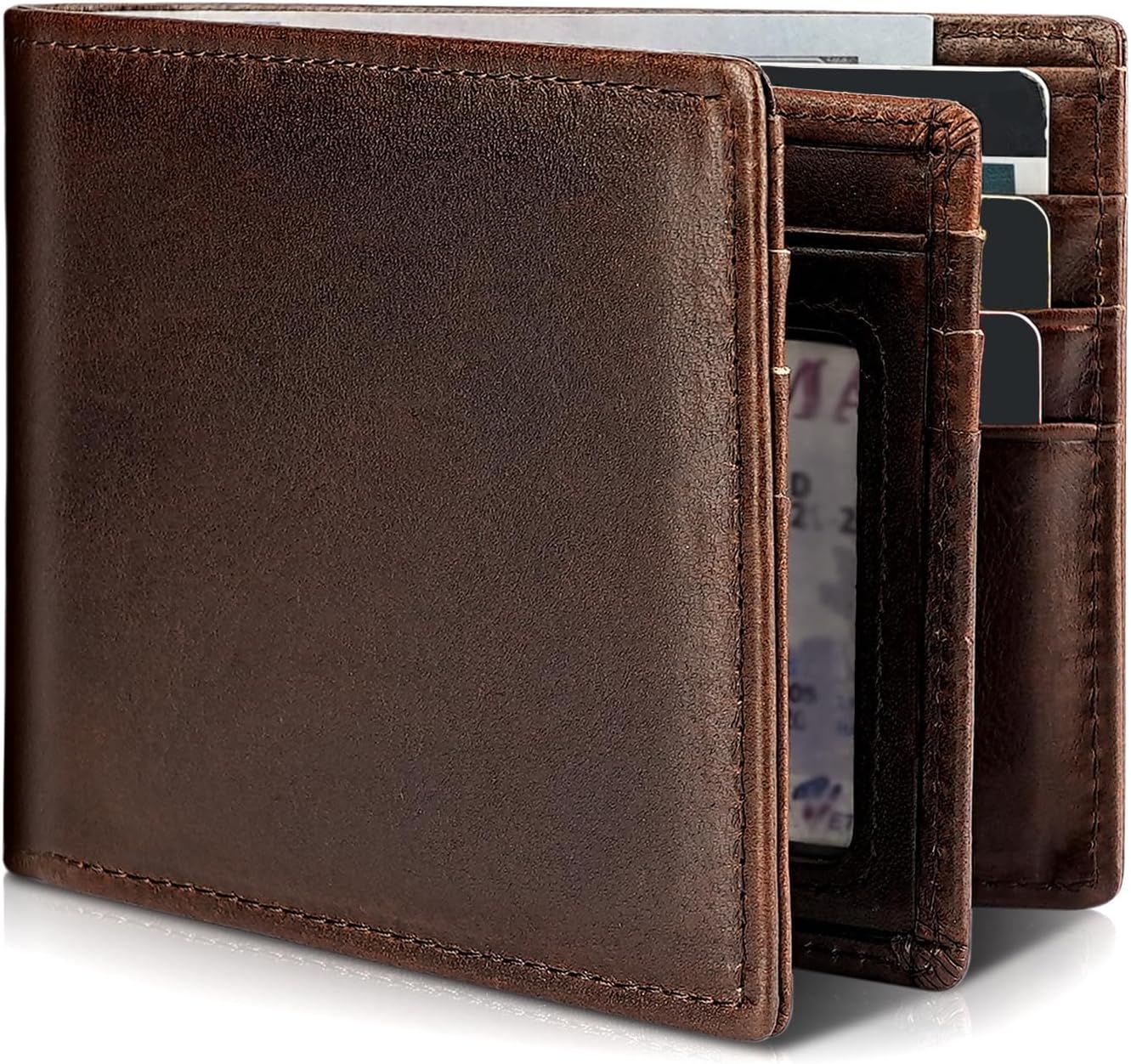 Mens Wallet Genuine Leather Bifold RFID Blocking Wallet for Men with 1 ID Window 13 Card Holders 2 cash pockets 1 Gift Box