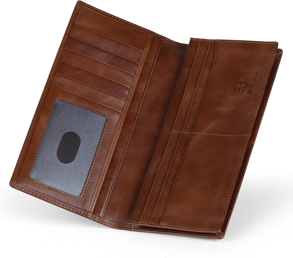VISOUL Mens Checkbook Leather Wallets Long Bifold Wallets for Men Suit Wallet with 3 Cash Compartments 12 Credit Card Slots (Brown)