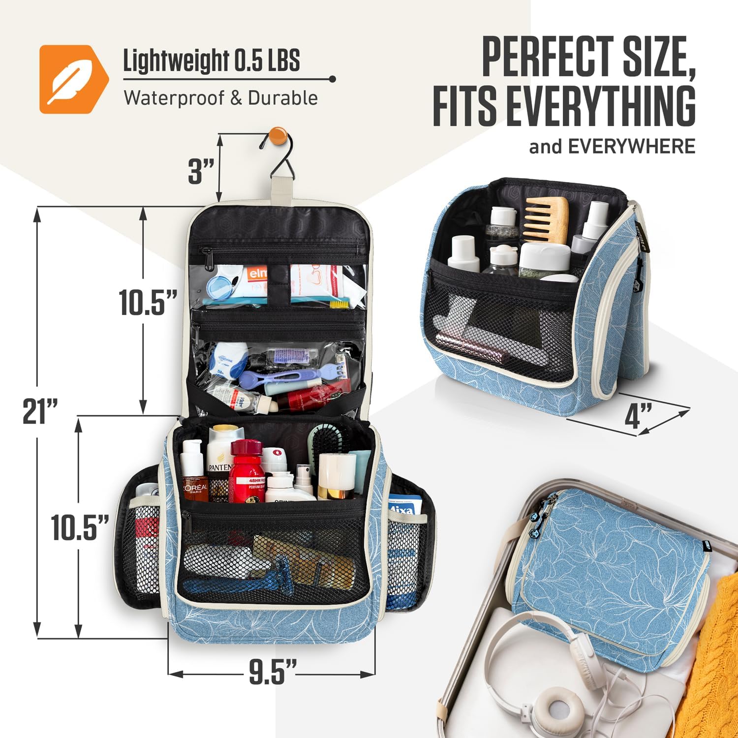 VENTURE 4TH Hanging Travel Toiletry Bag for Women & Men - Travel Organizer with Expandable Compartments & Removable Clear Pouch for Toiletries (Blue Flowers)