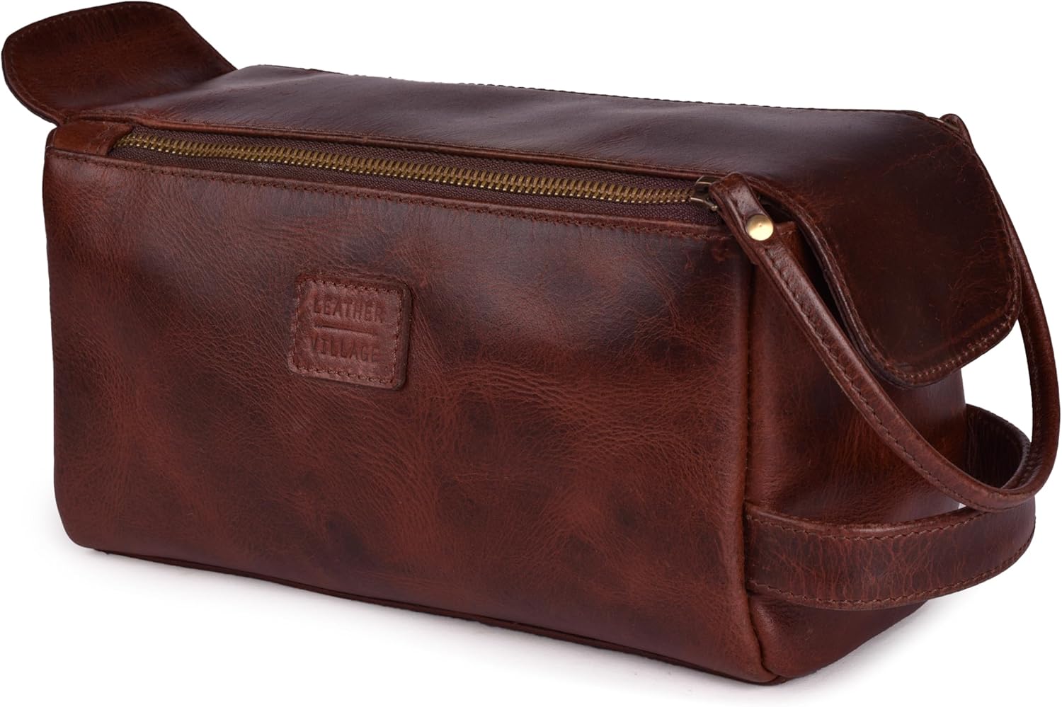 LEATHER VILLAGE Premium Leather Travel Toiletry Bag - Unisex Water-Resistant Travel Dopp Kit, Shaving & Cosmetic Organizer for Men & Women - Compact Bathroom Essentials - Cherry Brown
