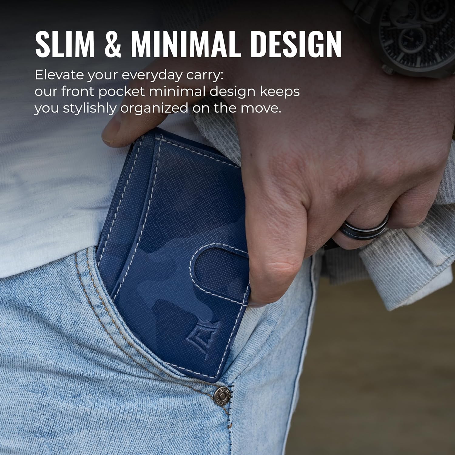 Kings Loot Money Clip Slim Minimalist Wallet for Men | RFID Blocking Leather Design with Money Clip | Front Pocket Bifold Holds 12 Cards | Stylish & Compact Wallets (Camo Blue)