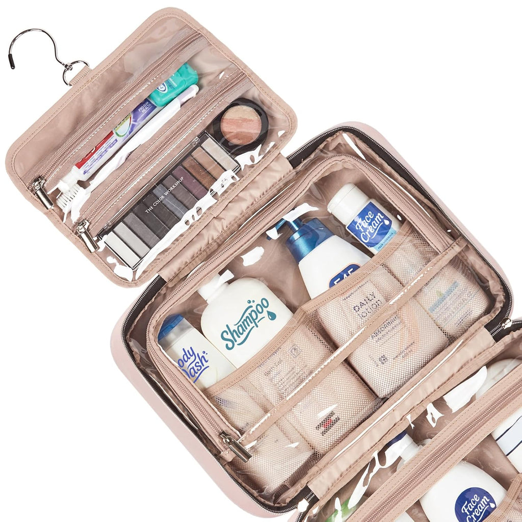NISHEL Travel Toiletry Bag for women, Portable Hanging Organizer for Family-Sized Shampoo, Conditioner, Brushes Set, Makeup Accessories, Extra Large Size, Pink