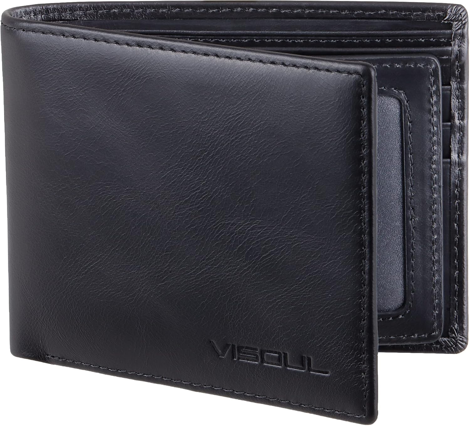 VISOUL Leather Mens Bifold RFID Blocking Wallet with 2 ID Windows, Leather Wallet for Men (Leather, Black)