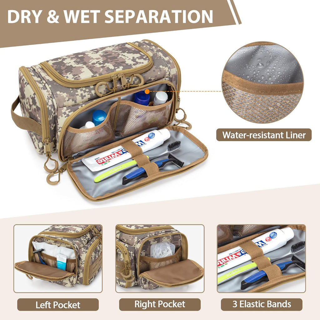 Tactical Toiletry Bag for Men, Hanging Hygiene Bag, Travel Dopp Kit Organizer for Shaving, Shower Essentials and Toiletries, Desert Yellow (Empty Bag)