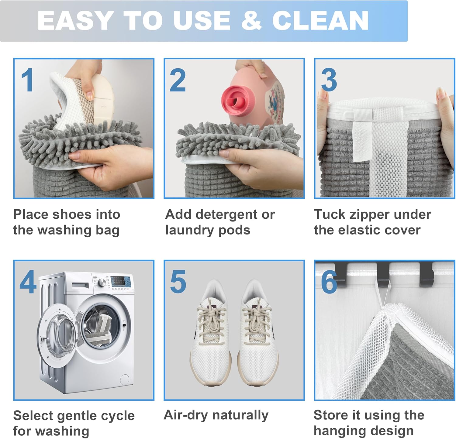 Shoe Washing Machine Bag – 360° Deep Clean Sneaker Laundry Bag with Cleaning Fibers and Zipper, Reusable Shoe Bag for Washing Machine, 2 Pack