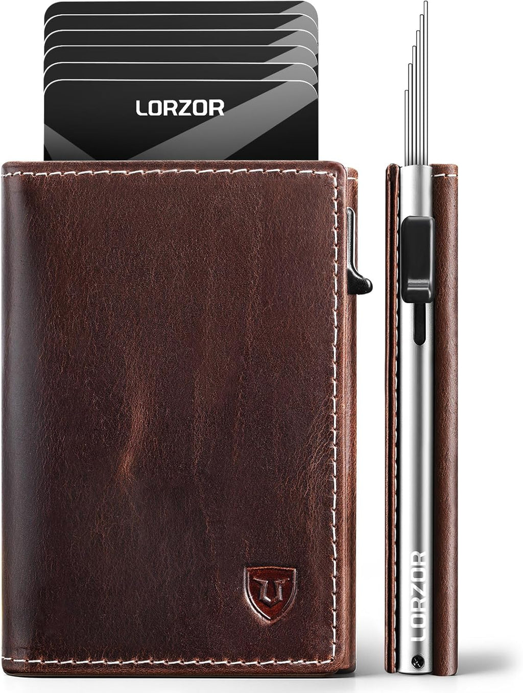 LORZOR Wallet for Men with Metal Card Holder, Pop Up Wallet, Finest Full Grain Leather Trifold Wallet, Smart, Minimalist, RFID Blocking, Front Pocket, ID Window, VintageBrown/Silver