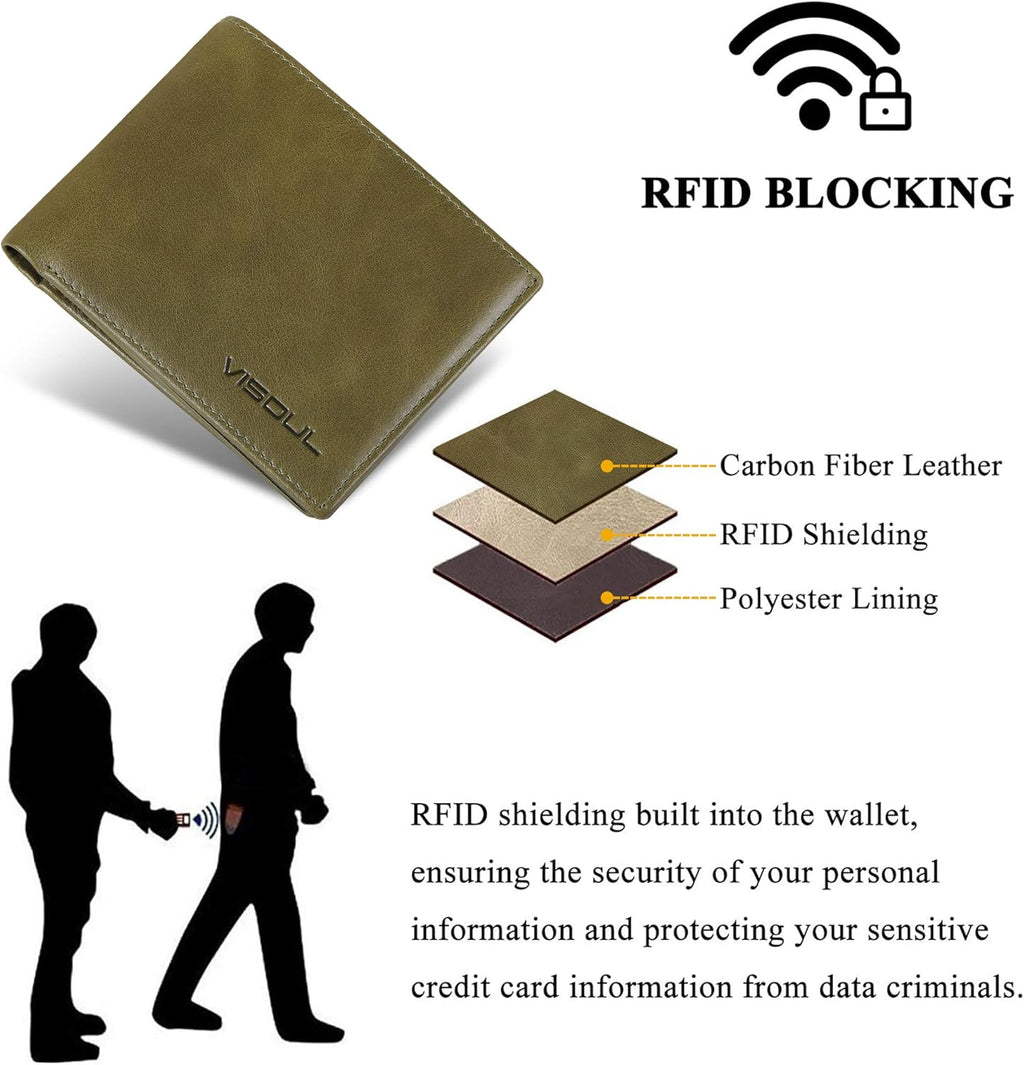 VISOUL Men's Bifold Wallet with 2 ID Windows, Genuine Leather Card Holder Front Pocket Wallet with RFID Blocking for Men (Green)