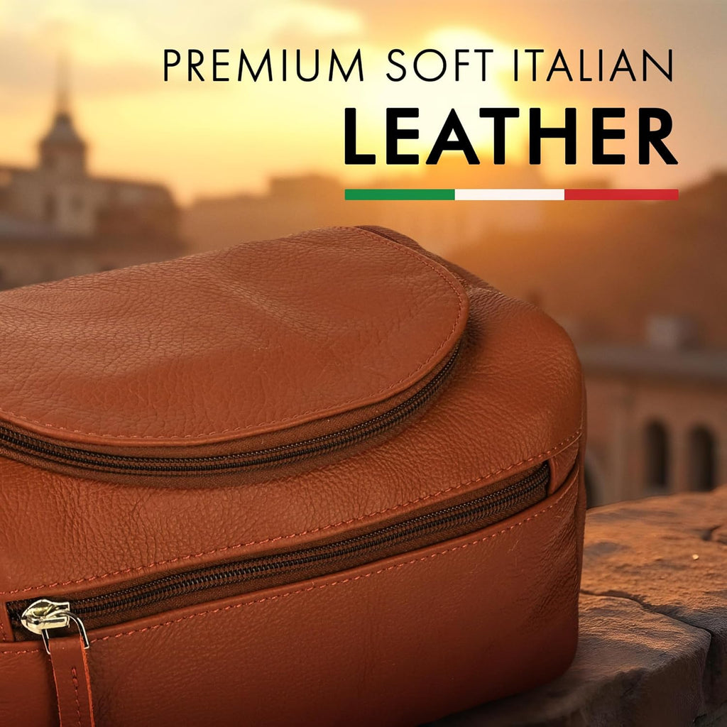 ELIZO Premium REAL Leather Toiletry Bag for Men Dopp Kitt Hanging Mens Toiletry Large TSA Toiletries Bag Shaving Grooming Bag Organizer Espresso (Tuscan, Large)