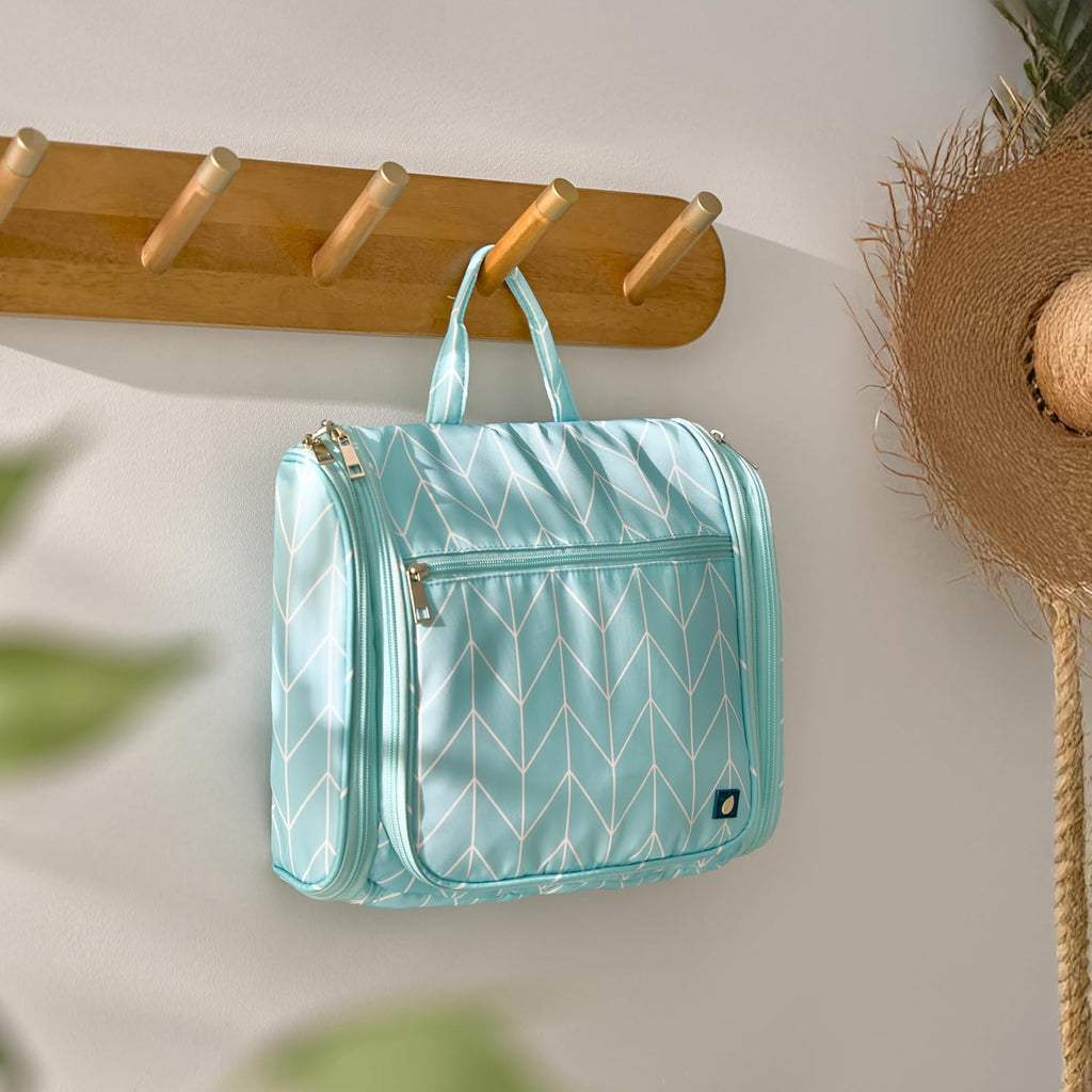 PAVILIA Large Hanging Toiletry Bag Travel Bag Women Men, Cosmetic Organizer, Water Resistant Makeup Bag Accessories Toiletries, Travel Essentials Kit, Teal Chevron