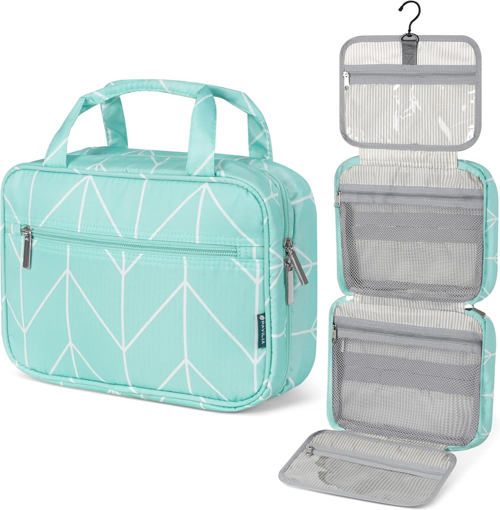 PAVILIA Hanging Toiletry Bag Travel Bag Women Men, Foldable Cosmetic Organizer, Roll up Makeup Bag, Water Resistant Accessories Toiletries, Large Travel Essentials Kit (Teal Chevron)