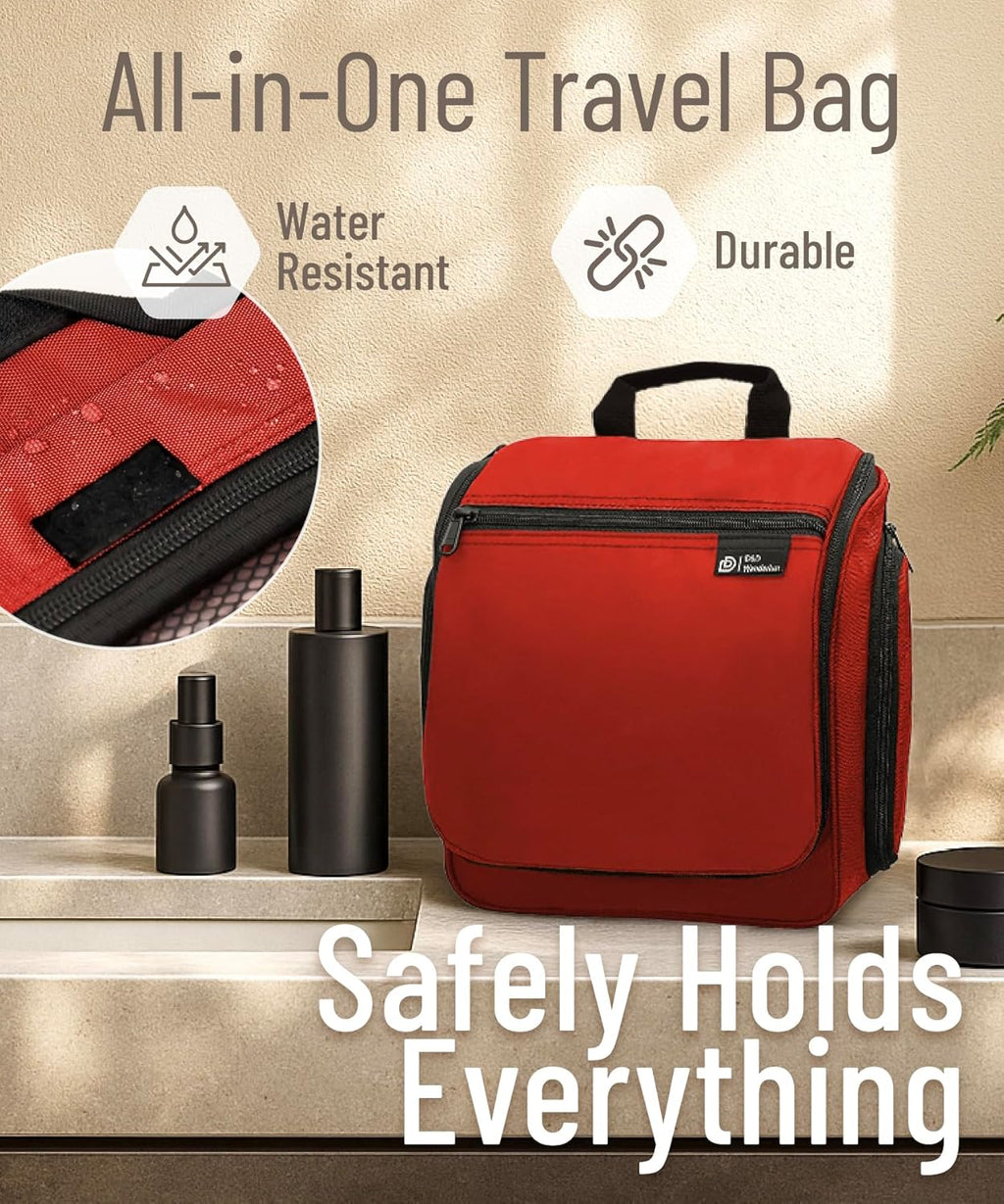 D&D Hanging Travel Toiletry Bag for Men and Women – Large Cosmetics, Makeup and Toiletries Organizer Kit with 10 Compartments, YKK Zippers, XXL Metal Swivel Hook, Water-Resistant Nylon