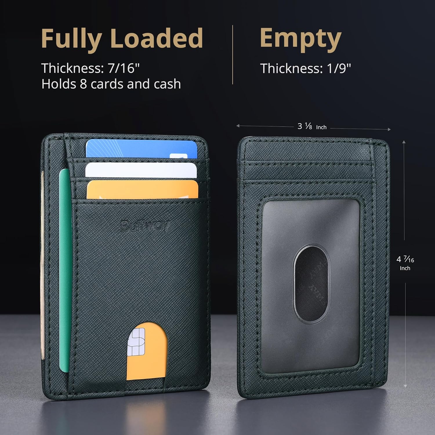 Buffway Slim Minimalist Front Pocket RFID Blocking Leather Wallets for Men and Women - Cross Blackish Green