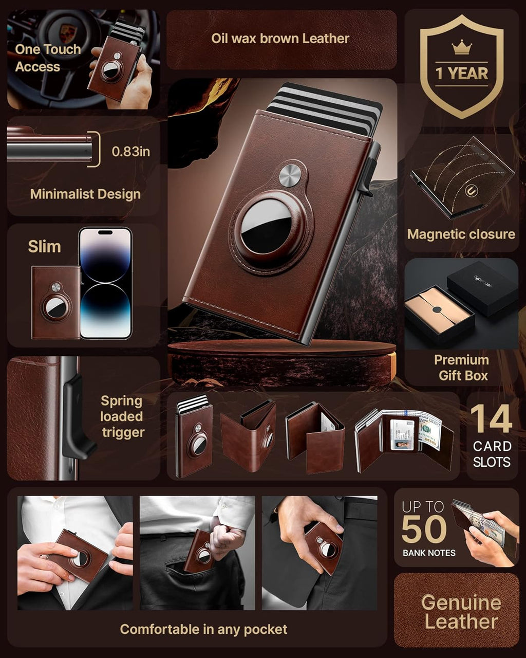 typecase Mens Wallet Card Holder for AirTag: Leather Smart Wallet for Men Compatible with Apple Air Tag, RFID Blocking, Slim, Minimalist - 9-14 Card Capacity | ID Window | Cash Slot (Brown)