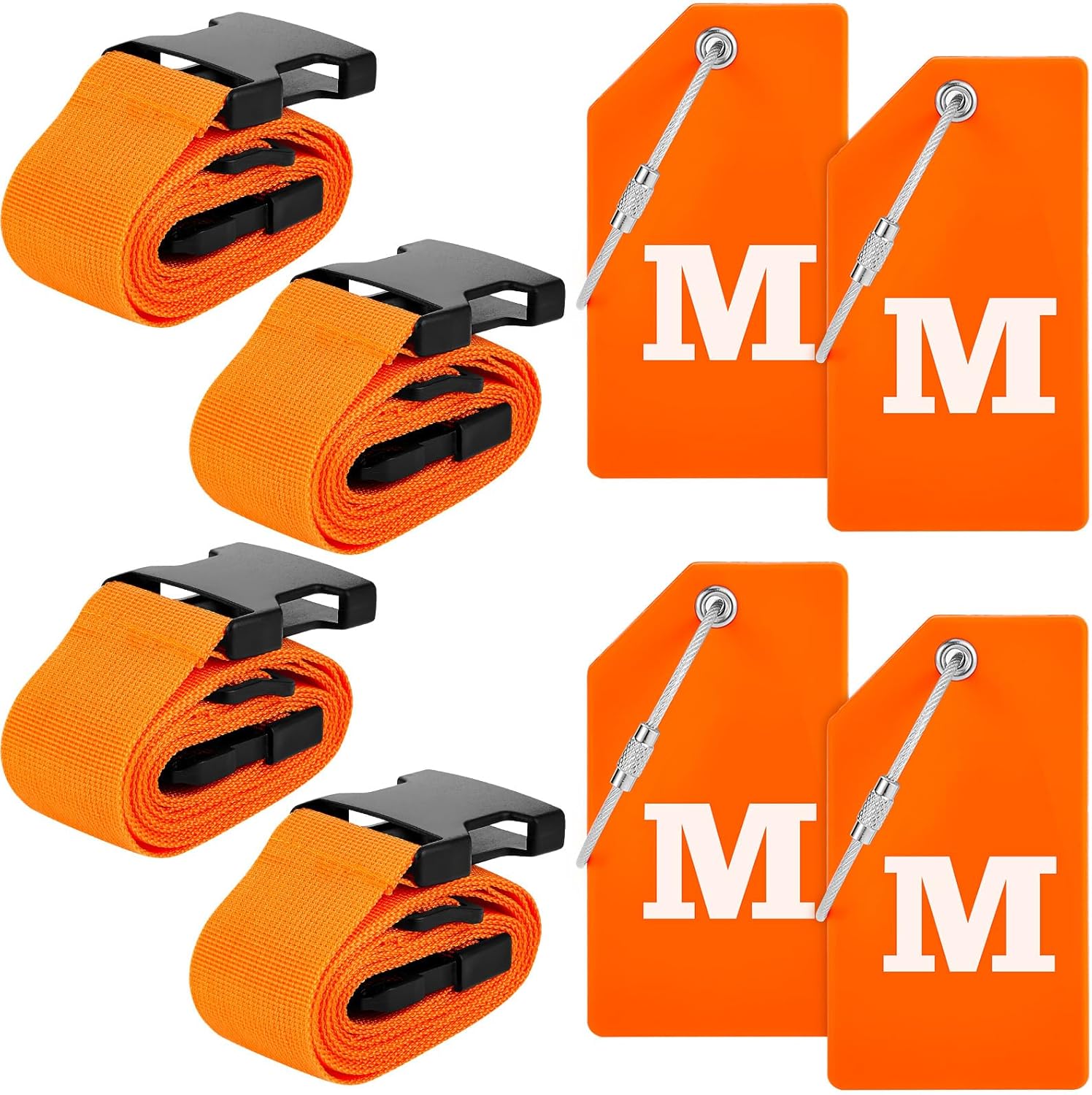 Weewooday 8 Pcs Luggage Straps Suitcase Tags Set for TSA Approved, 4 Travel Adjustable Suitcase Belt, 4 Silicone Luggage Tags with Name ID Card Travel Accessories(Light Orange,M)