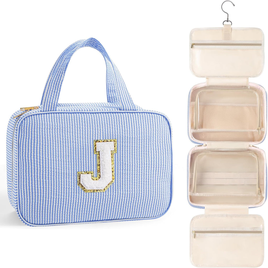 TOPEAST Travel Toiletry Bag Makeup Bag - Hanging Toiletry Bag for Women, Portable Toiletries Travel Bag and Cosmetic Bag, Airplane Travel Essentials Travel Toiletry Bag - Letter J, Blue