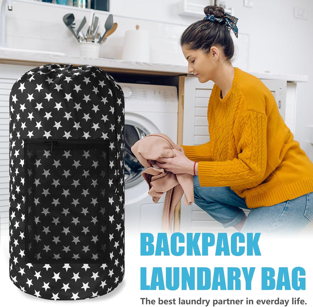 Portable Laundry Bag Backpack with Adjustable Straps & Mesh Pocket - Drawstring Closure for College, Apartment, Camping (Star Shape)