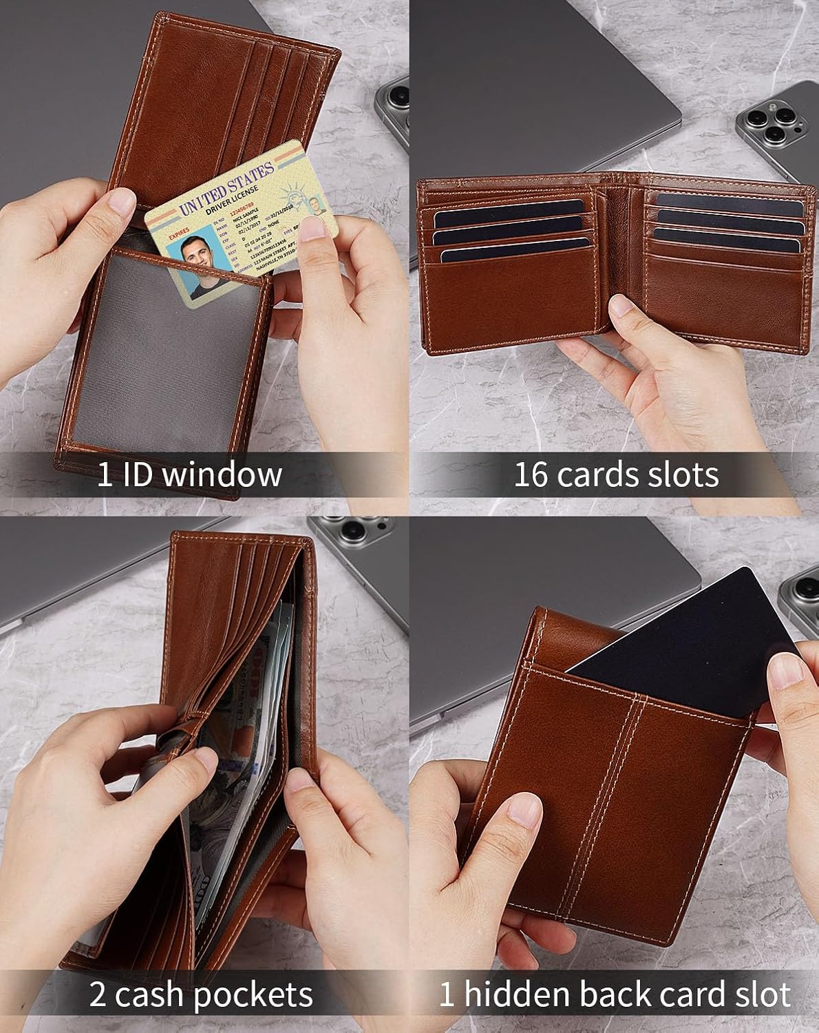 Swallowmall Mens Wallets RFID Blocking Leather Wallet for Men Bifold Wallet with 1 ID Window 15 Slots Leather Wallet Men