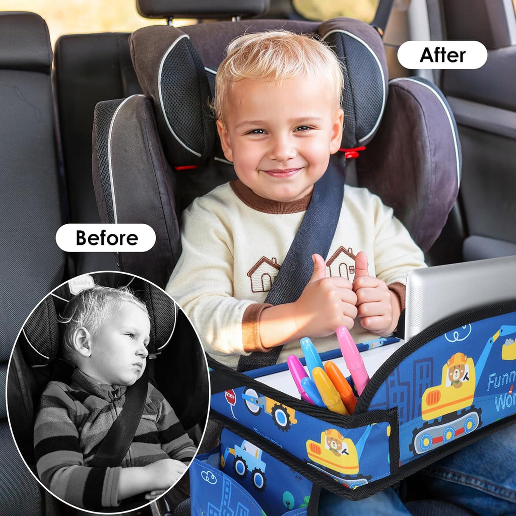 Kids Travel Tray for Car-Car Seat Tray for Kids Travel, Carseat Table Top for Toddler Road Trip Essentials With Drawing Kit, Kids Lap Desk Organizer for Car, Airplane (Dark Blue Car)