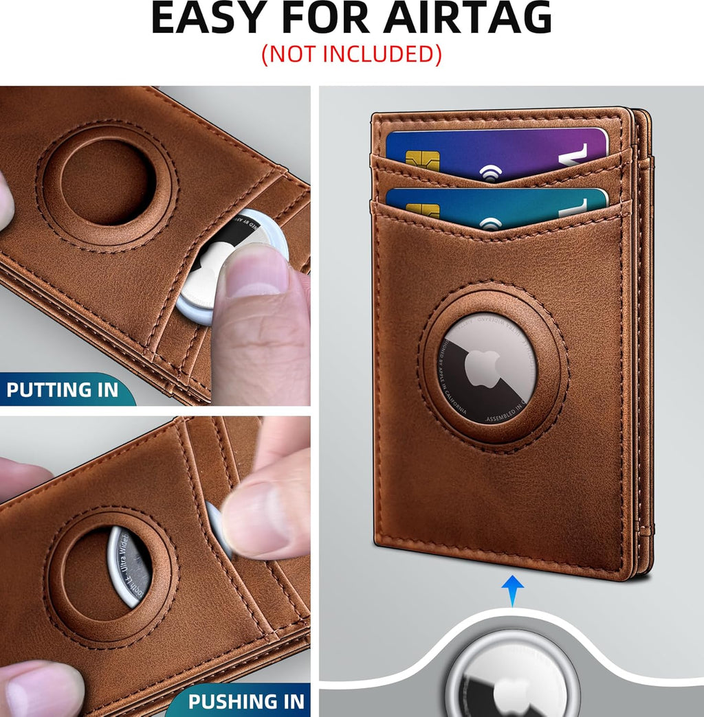 Airtag Wallet for Men- with Money Clip Gift Boxed, Magnetic Closure Slim Genuine Leather Front Pocket Wallet, 4.1"x 2.8", RFID Blocking