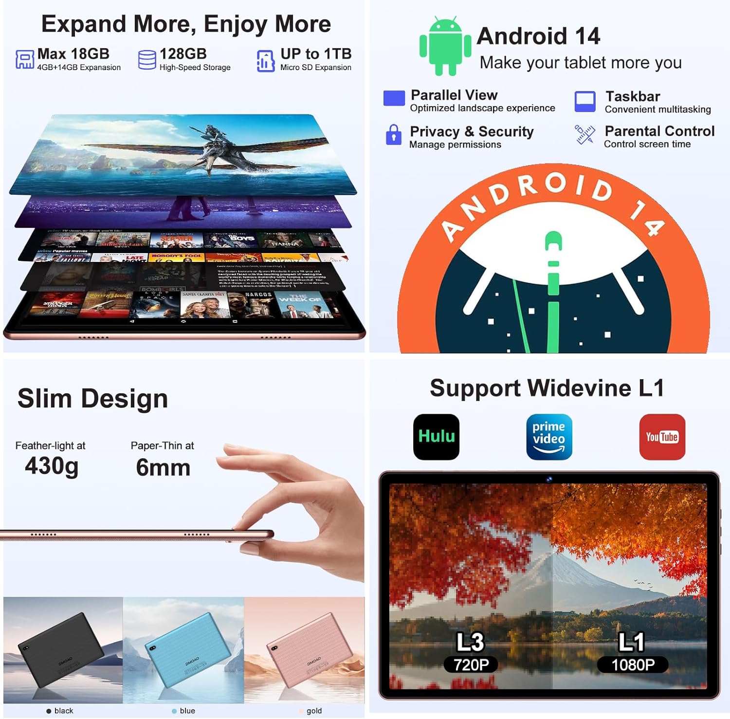 2025 Tablet Android 14 Tablets with 128GB ROM+18GB RAM, 1TB Expand 2 in 1 10.1 Inch Tablet with Keyboard, Powerful Octa-Core, WiFi 6, BT5.0, 6000mAh, Widevine L1, Gold