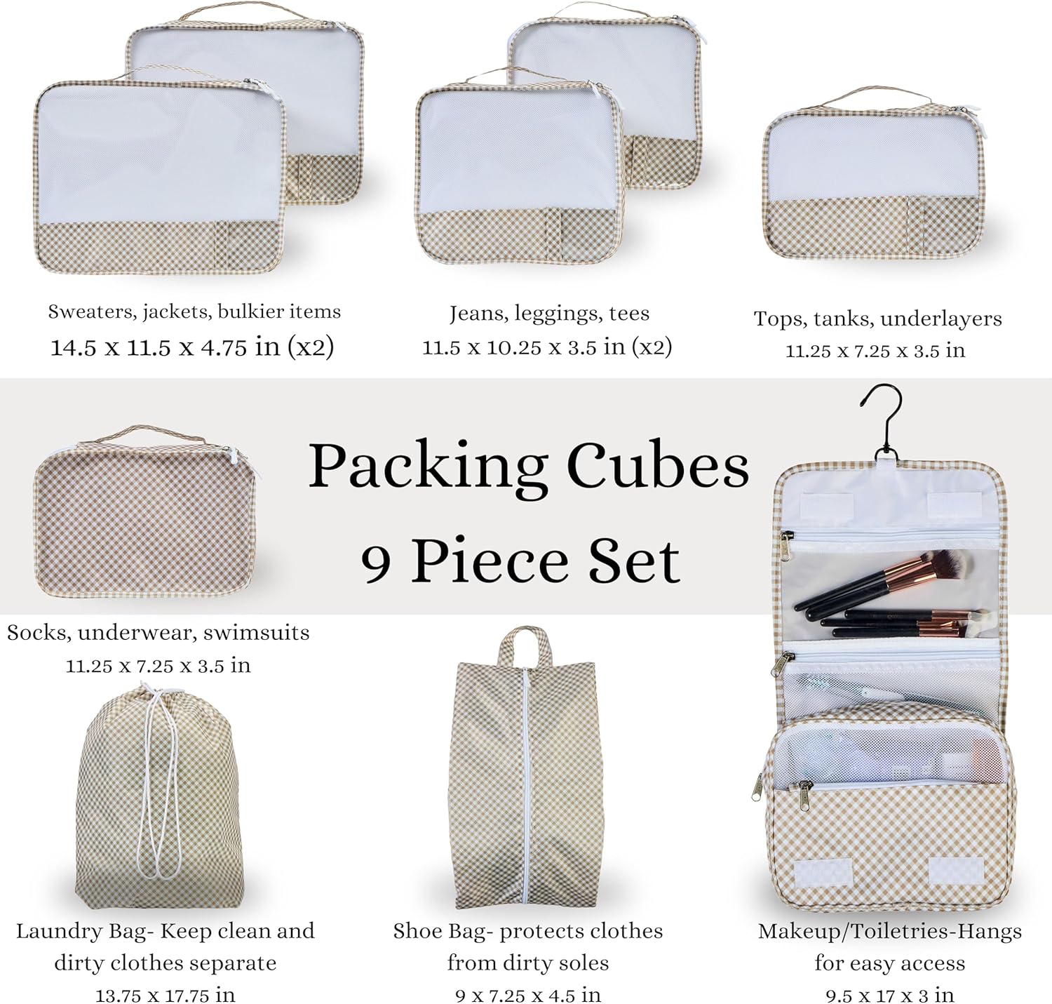 9 Set Packing Cubes - Suitcase Organizer, Cute Packing Cubes, Travel Bags Organizer for Luggage with Hanging Toiletry and Shoe Bag, Travel Essentials for Women, Men and Kids -Gingham