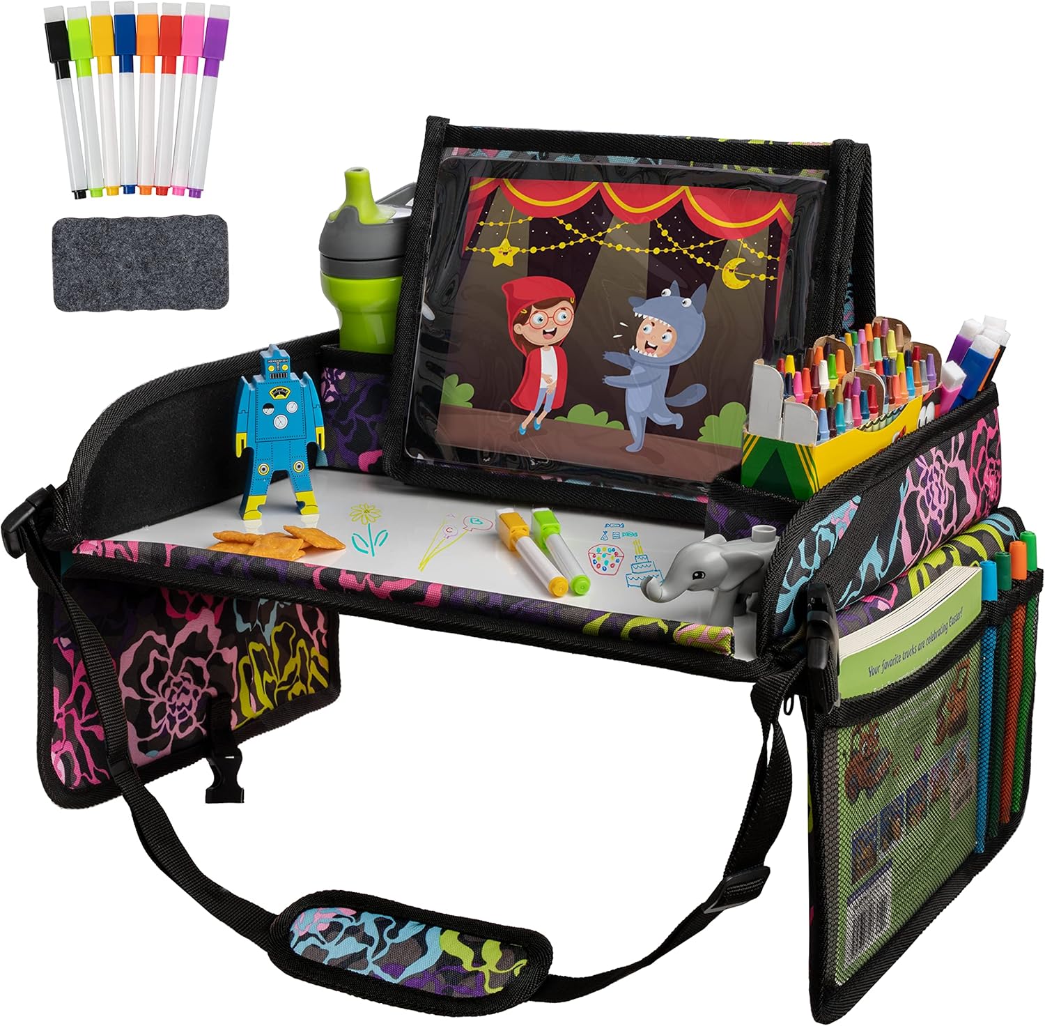 Lusso Gear Kids Travel Tray for Car - Road Trip Essentials for Kids - Car Seat Tray for Toddlers & Kids - for Airplane, Kids Travel Desk, Road Trip Activities (Floral)