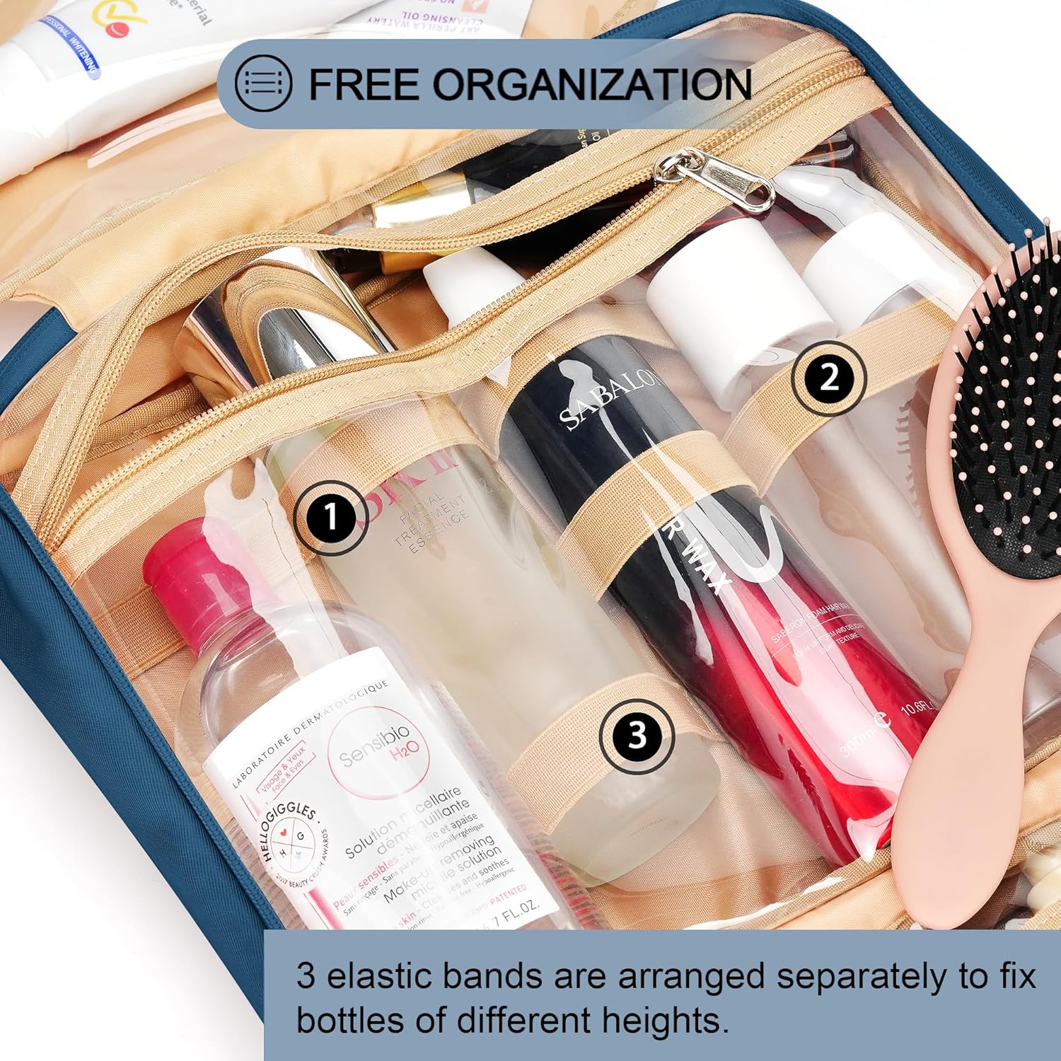 Travel Hanging Toiletry Bag for Women, Extra Large Makeup Bag, Holds Full-Size Shampoo, with Jewelry Organizer Compartment, Waterproof Cosmetic Bag, Toiletries Kit Set with Trolley Belt, Navy Blue