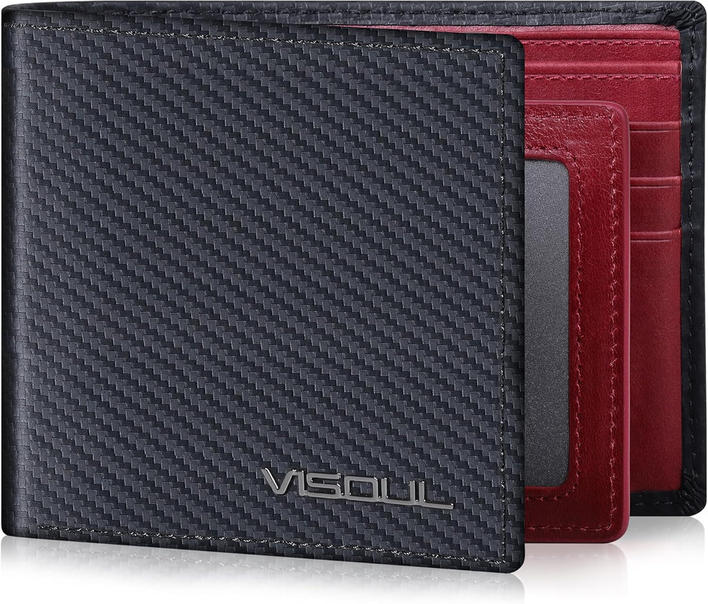 VISOUL Wallet for Men with 2 ID Windows 8 Credit Card Slots 2 Cash Compartments, Carbon Fiber Leather Bifold Mens Wallet with RFID Blocking (Carbon Fiber Black+Burgundy)