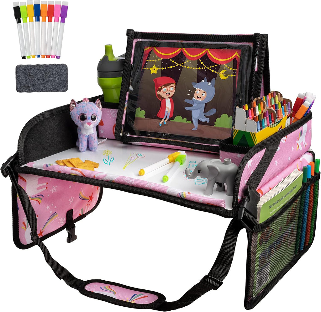 Lusso Gear Pink Unicorn Kids Travel Tray for Toddlers - Car Seat Table Tray and Car Desk for Kids - Airplane and Road Trip Activities