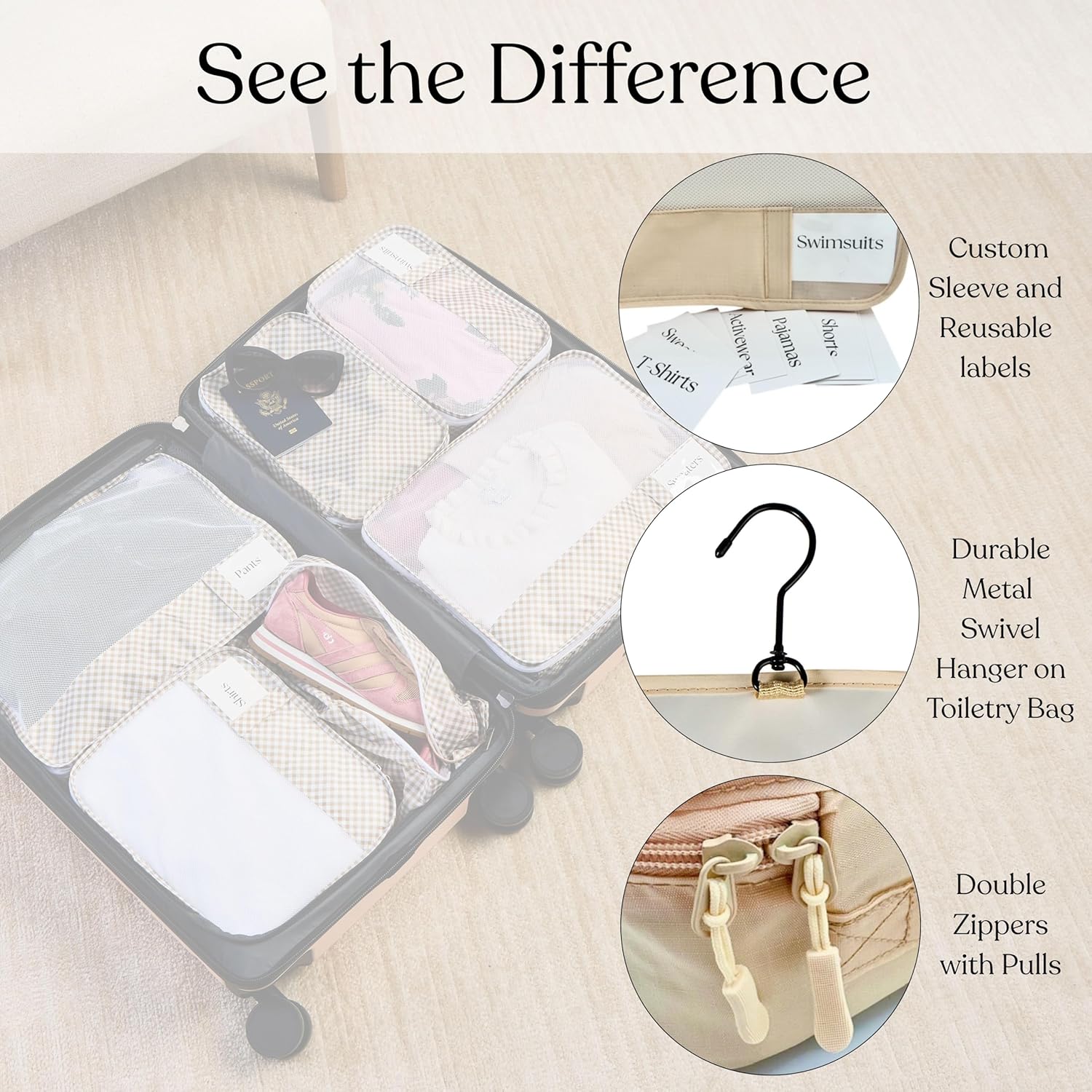 9 Set Packing Cubes - Suitcase Organizer, Cute Packing Cubes, Travel Bags Organizer for Luggage with Hanging Toiletry and Shoe Bag, Travel Essentials for Women, Men and Kids -Gold