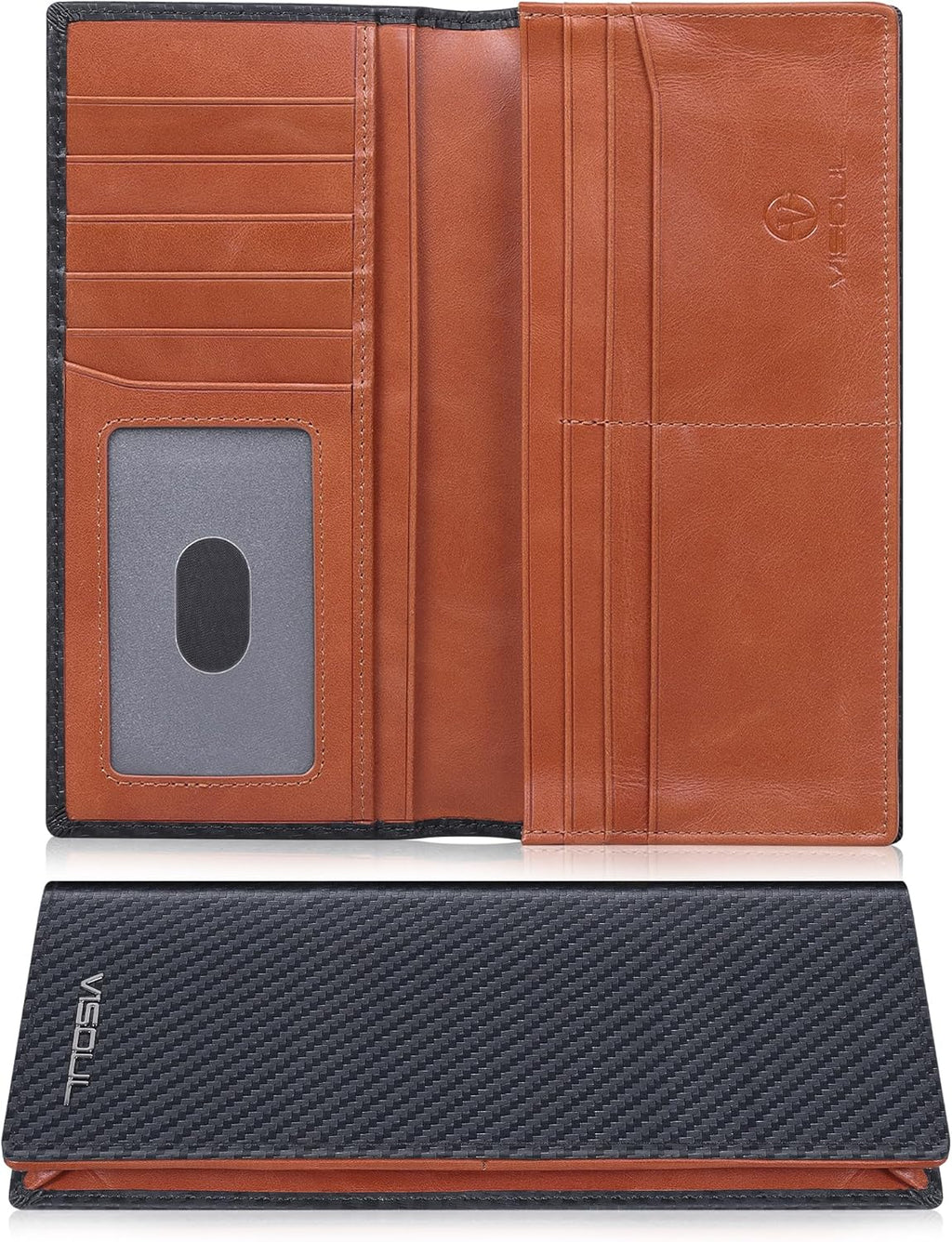 VISOUL Mens Billfold Long Checkbook Wallet Leather with RFID Blocking, Large Bifold Secretary Cash Wallet Tall with 12 Card Slots for Men (Black+Orange)