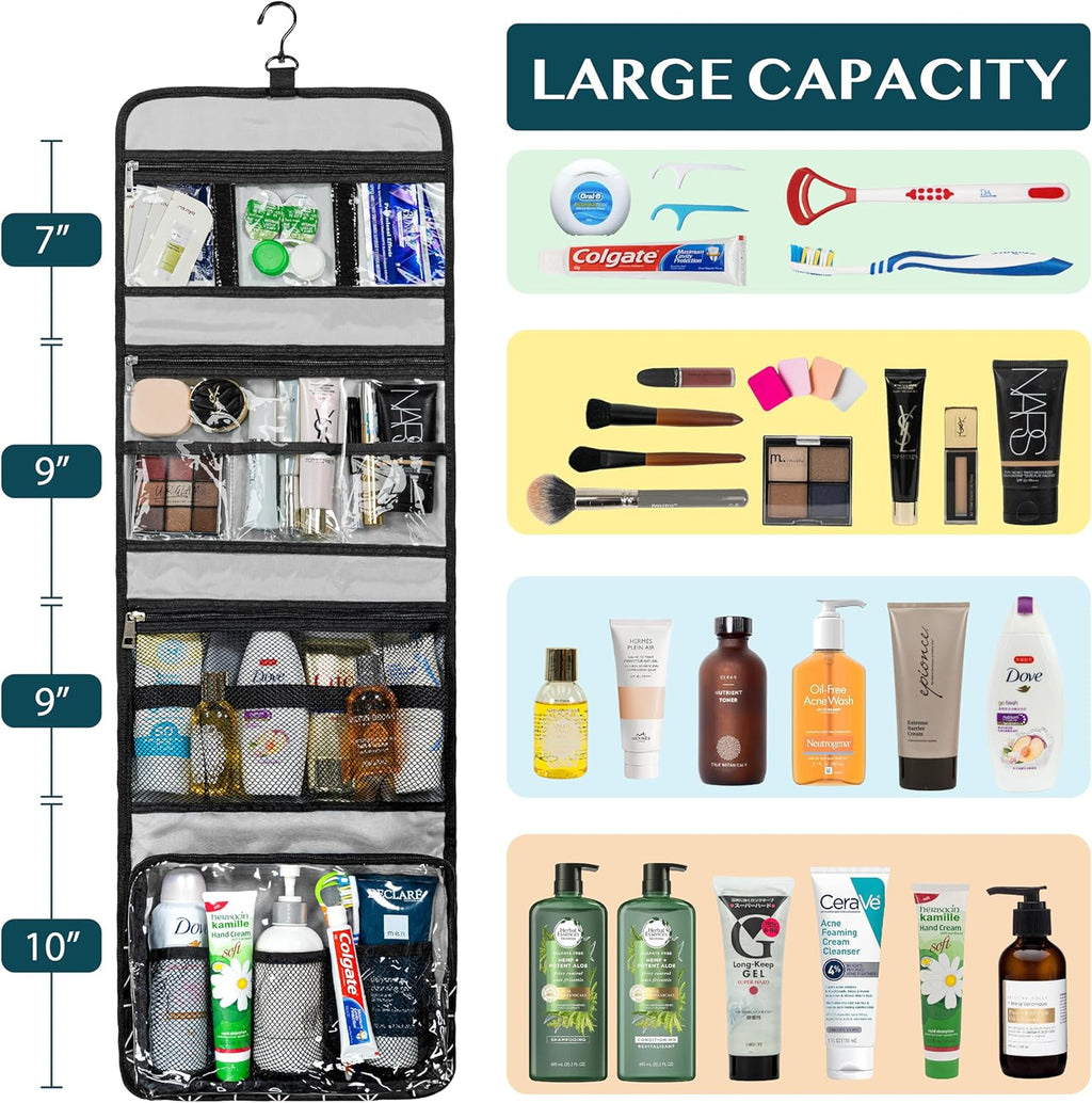 PAVILIA Travel Hanging Toiletry Bag for Women Men, Large Capacity Makeup Bag Kit, Waterproof Cosmetic Storage Organizer Case for Bathroom Shower, Black