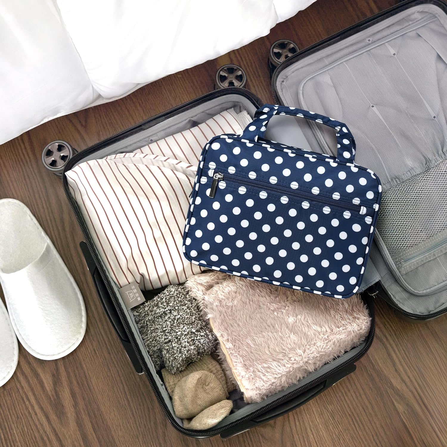 PAVILIA Hanging Toiletry Bag Travel Bag Women Men, Foldable Cosmetic Organizer, Roll up Makeup Bag, Water Resistant Accessories Toiletries, Large Travel Essentials Kit (Navy Polka Dot)